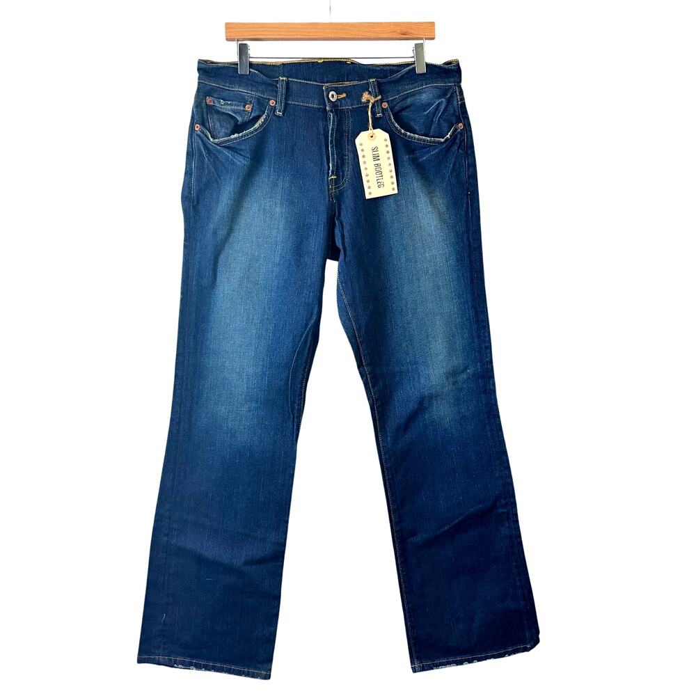 Lucky Brand Dungarees Jeans Mens Size 34 Button Fly Slim Bootcut Dark Wash NWT